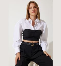 Снимка на Happiness İstanbul Women's White Black Color Block Crop Shirt Blouse