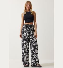 Снимка на Happiness İstanbul Women's White Black Patterned Flowy Viscose Palazzo Trousers