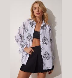 Снимка на Happiness İstanbul Women's White Black Patterned Oversized Linen Blend Shirt