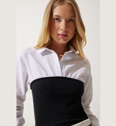 Снимка на Happiness İstanbul Women's White Black Polo Collar Color Block Shirt Blouse