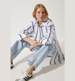 Снимка на Happiness İstanbul Women's White Black Striped Oversize Poplin Shirt