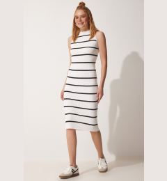 Снимка на Happiness İstanbul Women's White Black Striped Summer Wrap Knitwear Dress