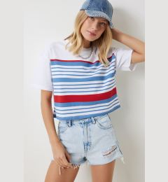 Снимка на Happiness İstanbul Women's White Blue Crew Neck Striped Knitted T-Shirt