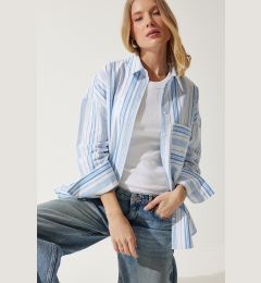 Снимка на Happiness İstanbul Women's White Blue Striped Cotton Oversize Shirt