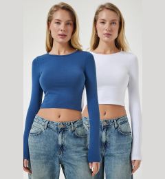 Снимка на Happiness İstanbul Women's White Indigo Blue Crew Neck Basic 2-Pack Crop Knitted Blouse