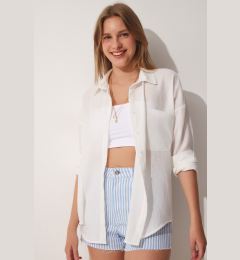 Снимка на Happiness İstanbul Women's White Oversize Linen Ayrobin Shirt