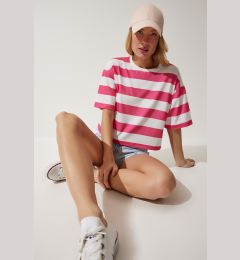 Снимка на Happiness İstanbul Women's White Pink Crew Neck Striped Crop Knitted T-Shirt