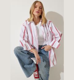 Снимка на Happiness İstanbul Women's White Red Striped Oversize Poplin Shirt