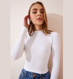 Снимка на Happiness İstanbul Women's White Ribbed Turtleneck Crop Knitted Blouse