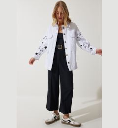 Снимка на Happiness İstanbul Women's White Star Embroidered Oversize Shirt Jacket