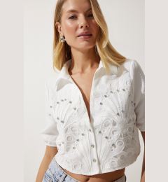 Снимка на Happiness İstanbul Women's White Stone Embroidered Scalloped Linen Crop Shirt