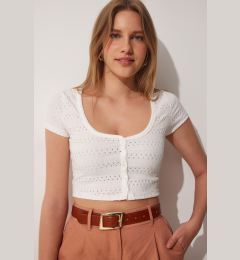 Снимка на Happiness İstanbul Women's White U Neck Openwork Crop Knitted Blouse