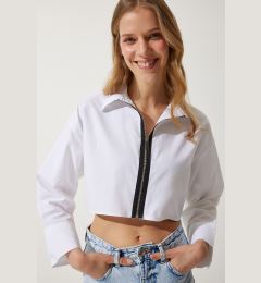 Снимка на Happiness İstanbul Women's White Zipper Poplin Crop Shirt