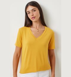 Снимка на Happiness İstanbul Women's Yellow V-Neck Basic Viscose Knitted T-Shirt