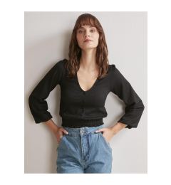 Снимка на Jimmy Key Women's Black V-Neck Button Detailed Blouse with Elastic Waist And Sleeves.