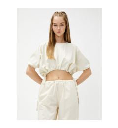 Снимка на Koton Crop Blouse with Tie Waist Detail, Balloon Sleeves, Crew Neck