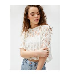 Снимка на Koton Crop T-Shirt Openwork Short Sleeve Crew Neck