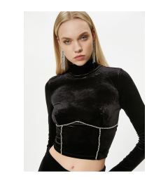 Снимка на Koton Crop Velvet T-Shirt Shiny Stones Long Sleeve High Neck - Handcrafted Collection