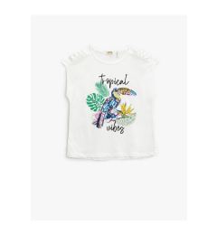 Снимка на Koton Parrot Stamp Sequin Embroidered T-Shirt Window Detail Sleeveless