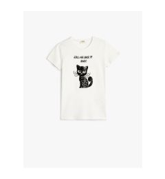 Снимка на Koton T-Shirt Short Sleeve Crew Neck Cat Sequin Embroidered