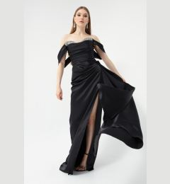 Снимка на Lafaba Women's Black Boat Neck Slit Long Satin Evening Dress