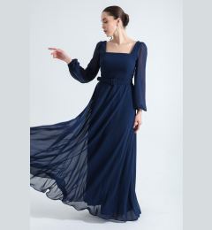 Снимка на Lafaba Women's Navy Blue Square Neck Long Chiffon Evening Dress