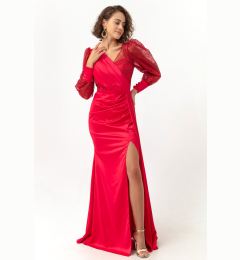 Снимка на Lafaba Women's Red Double Breasted Neck Silvery Long Satin Evening Dress