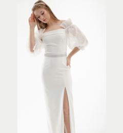 Снимка на Lafaba Women's White Balloon Sleeve and Stone Belted Long Evening Dress