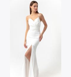 Снимка на Lafaba Women's White Evening Dress with Straps and a Slit in Long Satin Prom.