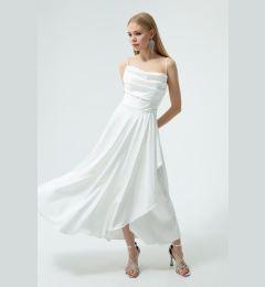 Снимка на Lafaba Women's White Satin Midi Length Evening Dress & Prom Dress with Ruffles and a Slit.