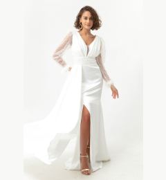 Снимка на Lafaba Women's White V-Neck Sleeves Stoned Slit Long Evening Dress