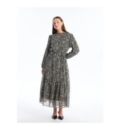 Снимка на LC Waikiki Black Printed Stand Collar Patterned Long Sleeve Women's Dress W4HN63Z8 _