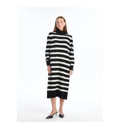 Снимка на LC Waikiki LCWAIKIKI Classic Black Striped Turtleneck Striped Long Sleeve Oversize Women's Knit Dress