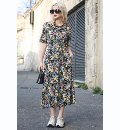 Снимка на Madmext Black Floral Pattern Shirt Collar Midi Dress