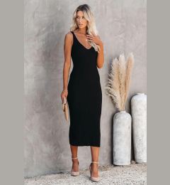 Снимка на Madmext Black V Neck Strappy Knitwear Long Dress