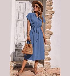 Снимка на Madmext Blue Shirt Collar Long Dress