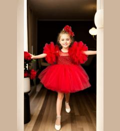 Снимка на N4732 Dewberry Chiffon Sequined Girls Evening Dress-RED