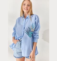 Снимка на Olalook Baby Blue Palm Sequin Detailed Oversize Woven Poplin Shirt