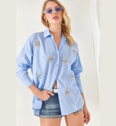 Снимка на Olalook Bebe Blue Sequin Detailed Woven Boyfriend Shirt