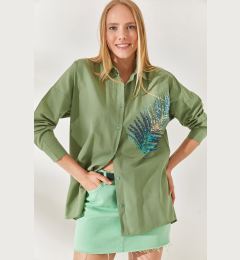 Снимка на Olalook Mildew Green Palm Sequin Detail Oversize Woven Poplin Shirt