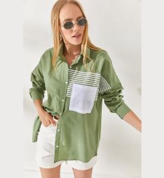 Снимка на Olalook Musty Green Oversized Woven Shirt with Pocket Detail