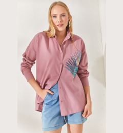 Снимка на Olalook Pale Pink Palm Sequin Detailed Oversize Woven Poplin Shirt