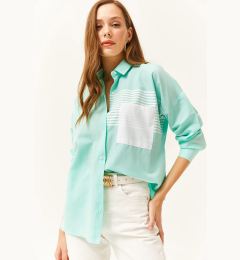 Снимка на Olalook Women's Aqua Green Pocket Detailed Oversize Woven Shirt