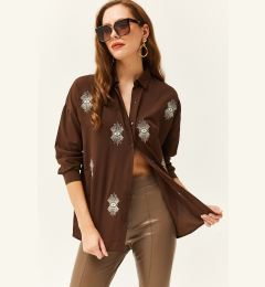 Снимка на Olalook Women's Bitter Brown Sequin Detailed Woven Boyfriend Shirt