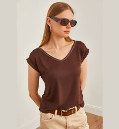 Снимка на Olalook Women's Bitter Brown Silver Stitching Detailed V-Neck Knitted Viscose Blouse