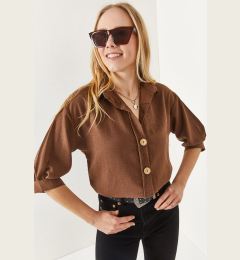 Снимка на Olalook Women's Bitter Brown Wooden Buttoned Three Quarter Sleeve Linen Shirt