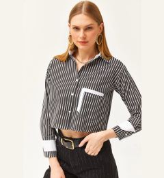 Снимка на Olalook Women's Black and White Pocket and Cuff Detail Striped Crop Shirt