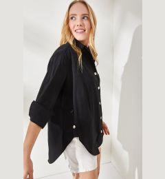 Снимка на Olalook Women's Black Button Detailed Oversize Woven Shirt