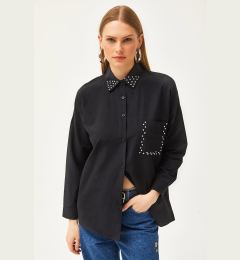 Снимка на Olalook Women's Black Collar and Pocket Stone Woven Shirt