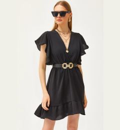 Снимка на Olalook Women's Black Double Breasted Collar Sleeve Detailed Mini Flowy Dress